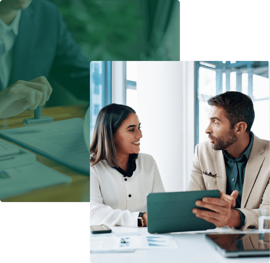 Colleagues talking in a modern office